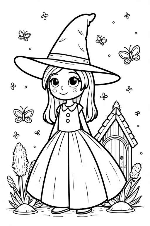 witch girl in front of hut